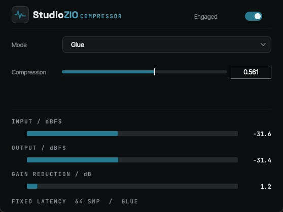 The StudioZIO Compressor window: the Mode selector set to Glue, a single Compression control, the Engaged switch, and input, output and gain-reduction meters in dBFS and dB.