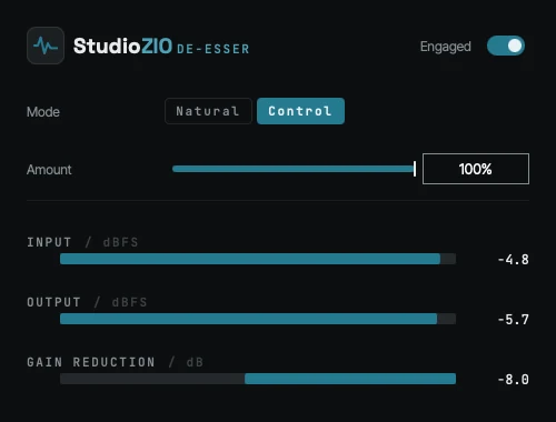 The StudioZIO De-Esser window: the Mode selector offering Natural and Control, a single Amount slider, the Engaged switch, and input, output and gain-reduction meters in dBFS and dB.