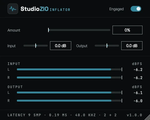 The StudioZIO Inflator window: an Amount slider, Input and Output gain fields, the Engaged switch, and input/output level meters.