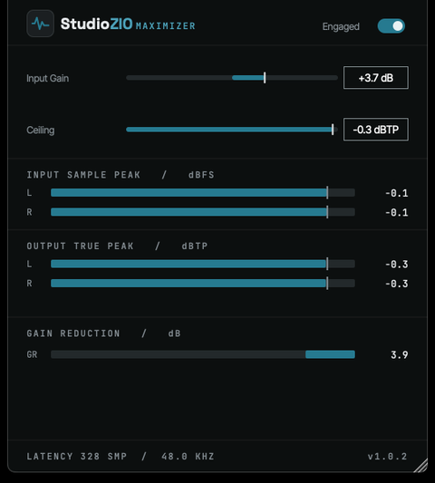 The StudioZIO Maximizer window: Input Gain and Ceiling controls, the Engaged switch, and input sample peak, output true peak and gain-reduction meters.
